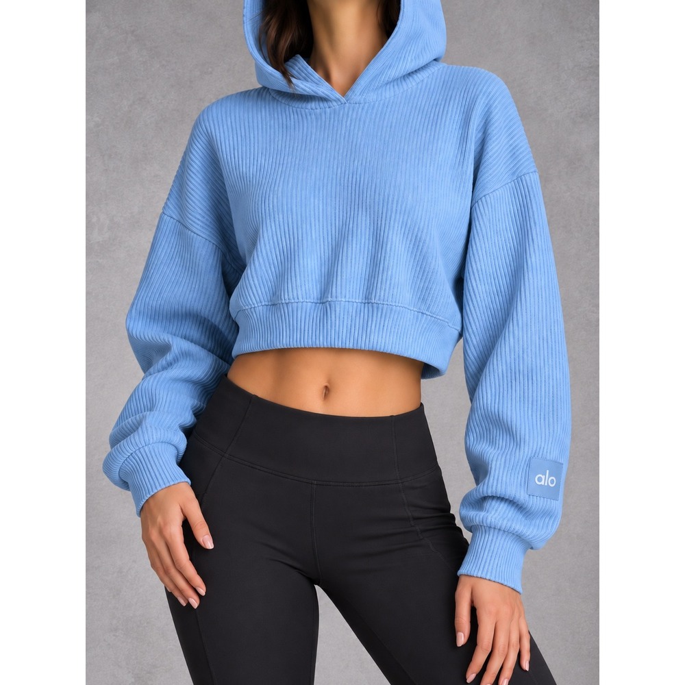 Alo Yoga Muse Hoodie Womens XS Blue Ribbed Cropped Knit Pullover Athleisure
